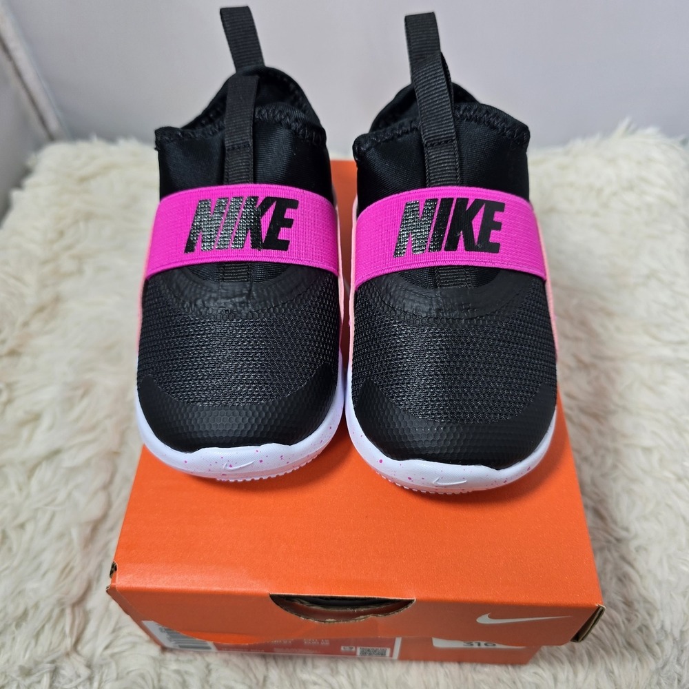 Nike Flex Runner 4 Slip On Shoes Kids Size 6C Black Neon Pink Sneakers Comfy New